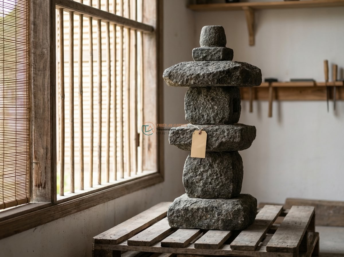 Đèn đá phong cách Wabi-sabi cắm vườn từ đá Granite cao 70cm.