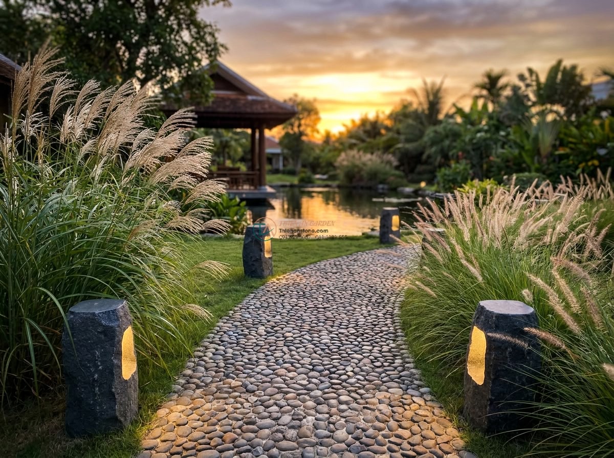 Đèn đá phong cách Wabi-sabi cắm vườn từ đá Granite cao 70cm.