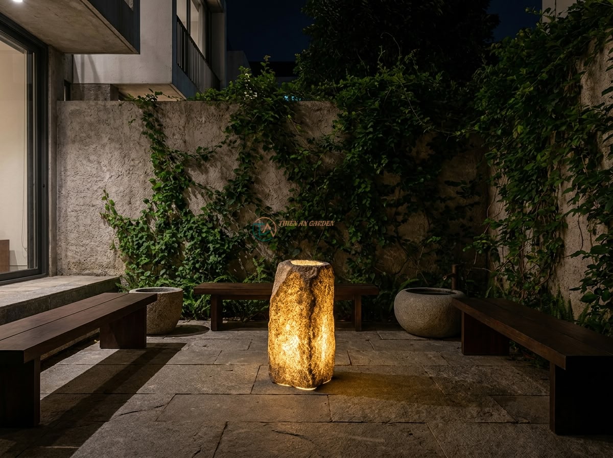 Đèn đá phong cách Wabi-sabi cắm vườn từ đá Granite cao 70cm.