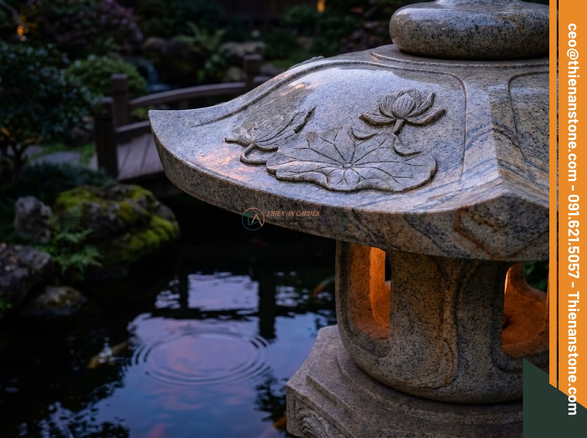 Đèn đá Rankei dáng cong nghệ thuật soi bóng hồ bằng đá Granite cao 120cm. - Hình 2 Đèn đá Rankei dáng cong nghệ thuật soi bóng hồ bằng đá Granite cao 120cm. - Close-up artistic shot of the upper curved section of a 120cm tall Rankei granit