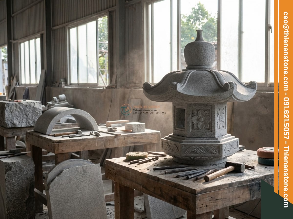 Đèn đá Rankei dáng cong nghệ thuật soi bóng hồ bằng đá Granite cao 120cm. - Hình 7 Đèn đá Rankei dáng cong nghệ thuật soi bóng hồ bằng đá Granite cao 120cm. - Behind-the-scenes professional photograph of skilled artisans hand-carving and p
