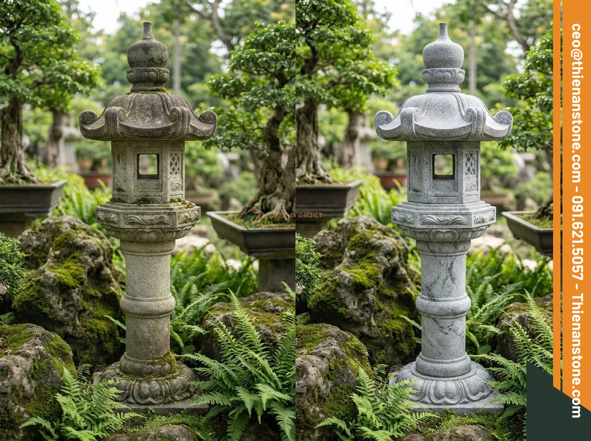 Đèn đá Rankei dáng cong nghệ thuật soi bóng hồ bằng đá Granite cao 120cm. - Hình 8 Đèn đá Rankei dáng cong nghệ thuật soi bóng hồ bằng đá Granite cao 120cm. - Before and after comparison of a well-maintained 120cm Rankei granite lantern in