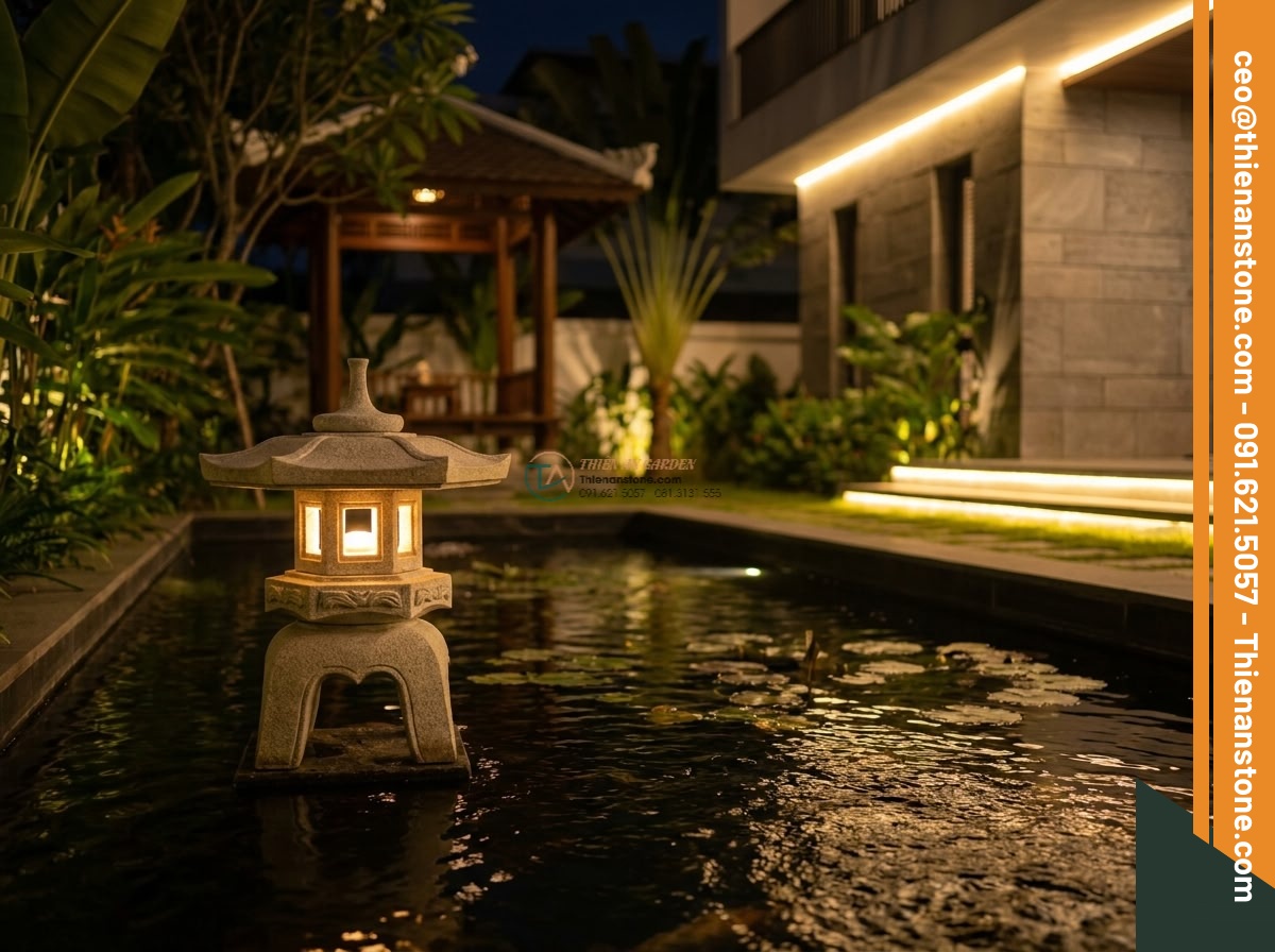 Đèn đá Rankei vươn dài trang trí hồ nước từ đá Granite cao 100cm. - Hình 11 Đèn đá Rankei vươn dài trang trí hồ nước từ đá Granite cao 100cm. - Happy Vietnamese family enjoying their beautifully lit garden at night with eleg