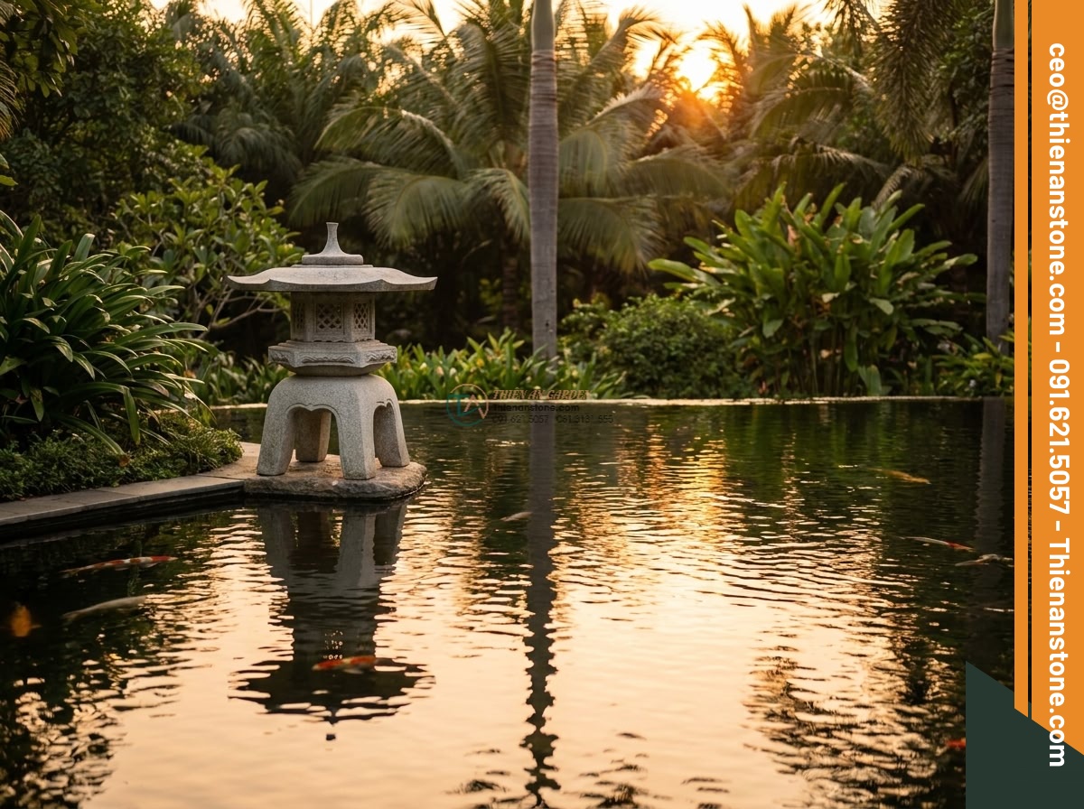 Đèn đá Rankei vươn dài trang trí hồ nước từ đá Granite cao 100cm. - Hình 3 Đèn đá Rankei vươn dài trang trí hồ nước từ đá Granite cao 100cm. - Wide cinematic view from 15 meters away of elegant 100cm tall granite Rankei sto