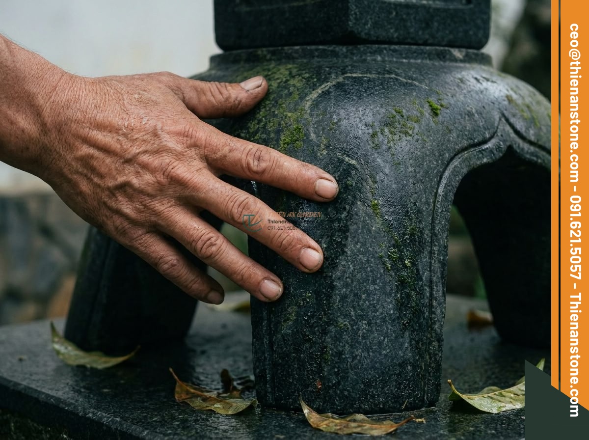 Đèn đá Rankei vươn dài trang trí hồ nước từ đá Granite cao 100cm. - Hình 5 Đèn đá Rankei vươn dài trang trí hồ nước từ đá Granite cao 100cm. - Artistic close-up of human hand gently touching the cool surface of polished gra
