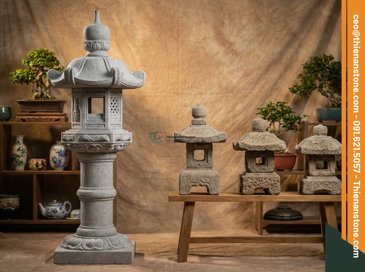 Đèn đá Rankei vươn dài trang trí hồ nước từ đá Granite cao 100cm. - Hình 9 Đèn đá Rankei vươn dài trang trí hồ nước từ đá Granite cao 100cm. - Comparison style image showing premium granite Rankei lantern next to lower qual