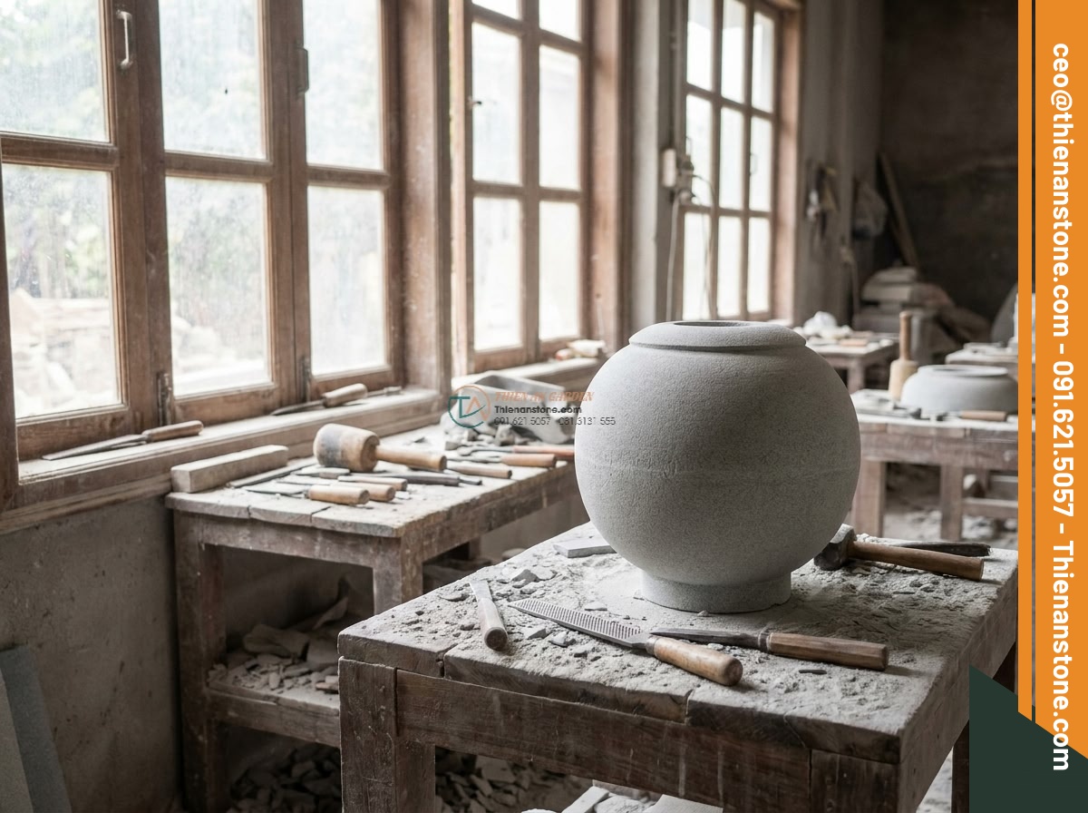 Đèn đá sa thạch đặt sàn Maru-oki nhỏ xinh cao 25cm.