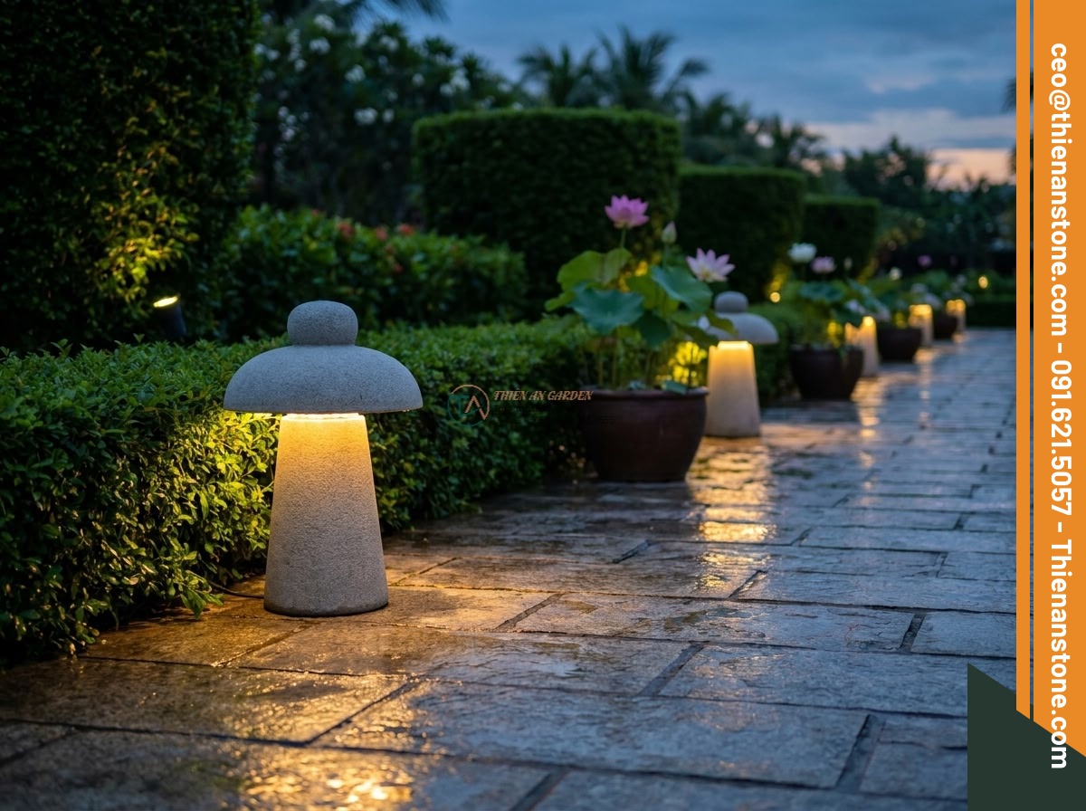 Đèn đá sa thạch đặt sàn Maru-oki nhỏ xinh cao 25cm.