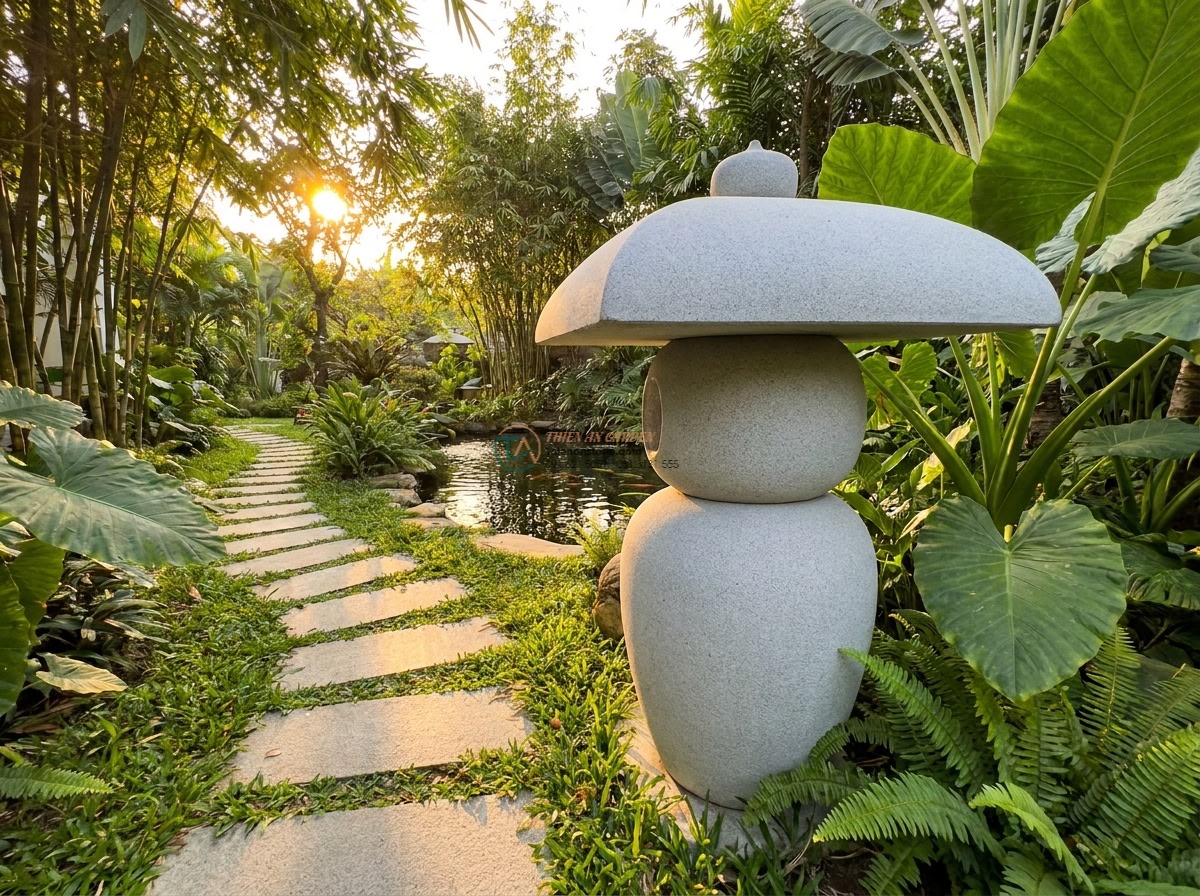 Đèn đá sa thạch mẫu Rankei thân bo tròn cao 90cm. - Wide cinematic view of a 90cm tall round-bodied natural sandstone garden lamp in