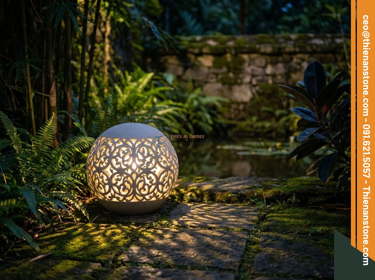 Đèn đá sa thạch mẫu Sanko khối tròn tối giản (35x35x35cm). - Hình 5 Đèn đá sa thạch mẫu Sanko khối tròn tối giản (35x35x35cm). - Nighttime scene of the illuminated Sanko round sandstone lamp 35x35x35cm in a lu