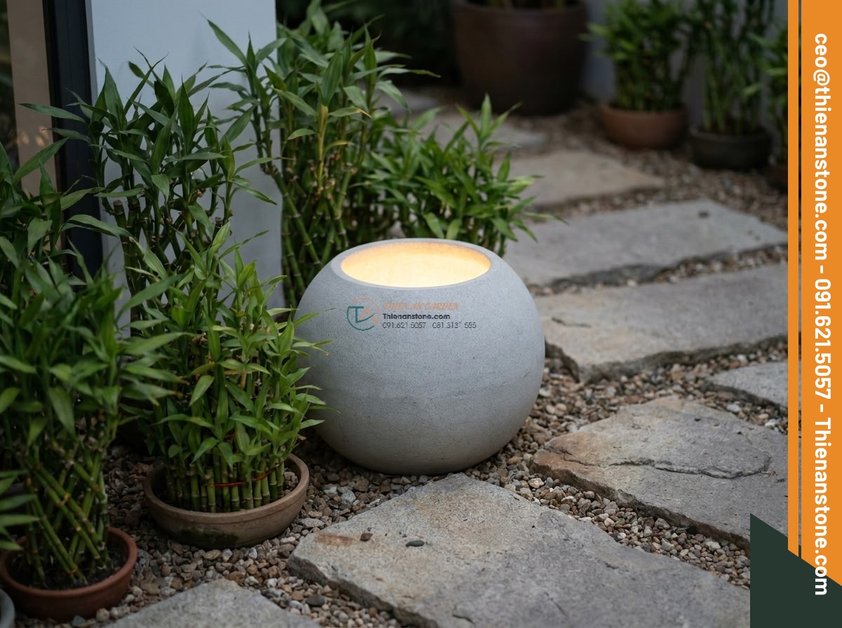 Đèn đá sa thạch mẫu Sanko khối tròn tối giản (35x35x35cm). - Hình 6 Đèn đá sa thạch mẫu Sanko khối tròn tối giản (35x35x35cm). - The Sanko 35x35x35cm round sandstone lamp placed strategically at the entrance o