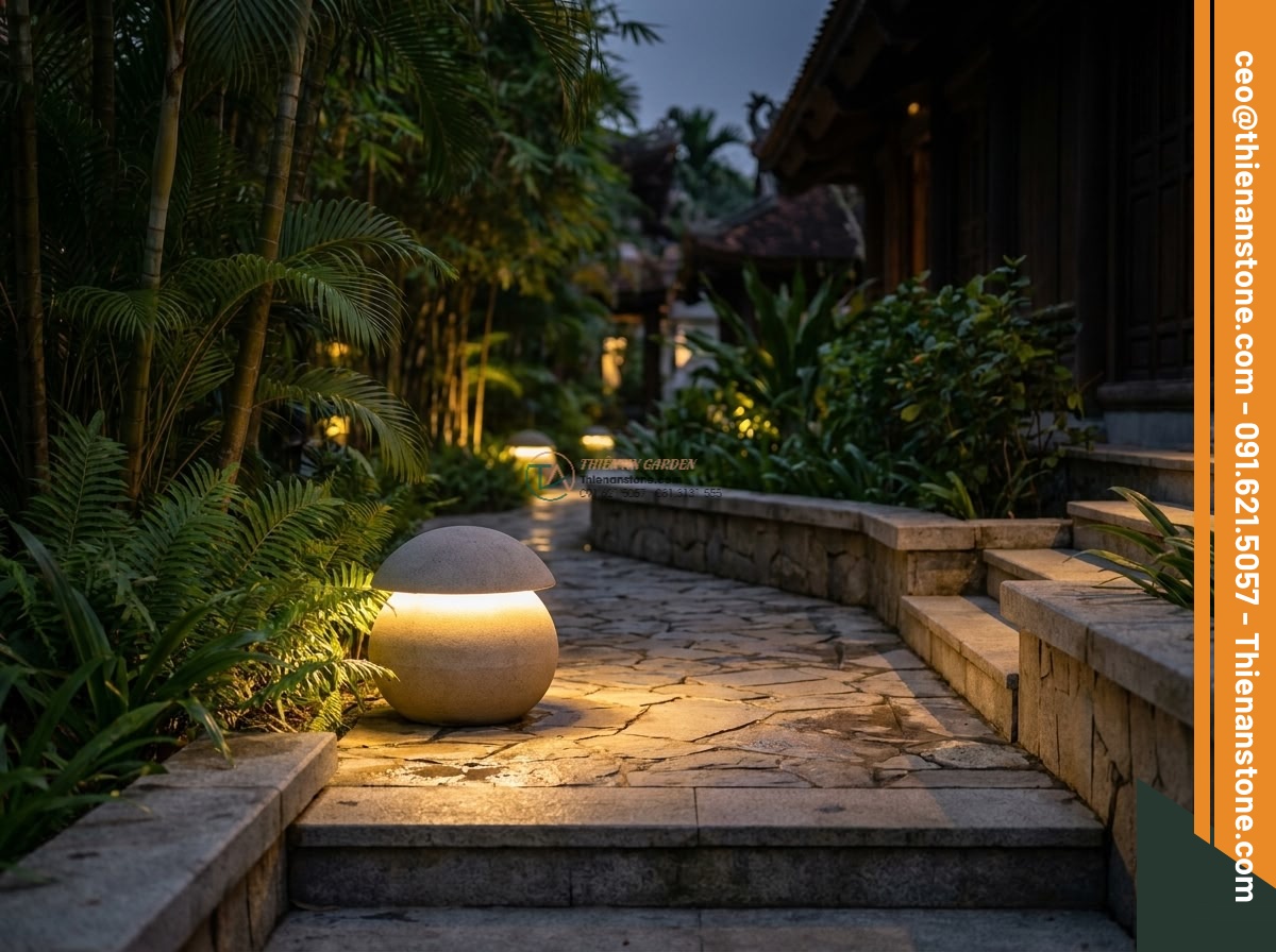 Đèn đá sa thạch mẫu Sanko khối tròn tối giản (35x35x35cm). - Hình 7 Đèn đá sa thạch mẫu Sanko khối tròn tối giản (35x35x35cm). - The round Sanko sandstone lamp 35x35x35cm beautifully integrated into a high-end