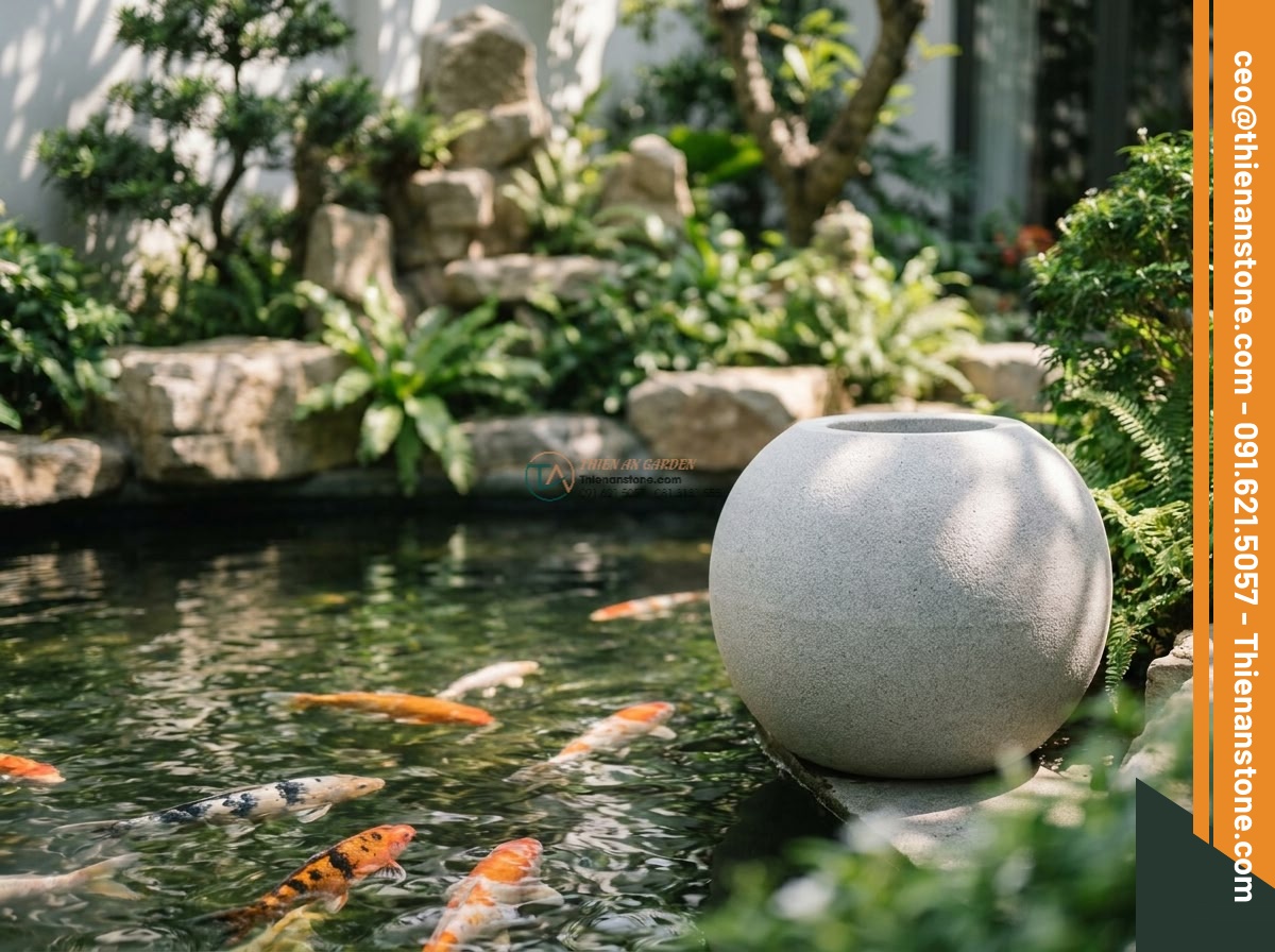 Đèn đá sa thạch mẫu Sanko khối tròn tối giản (35x35x35cm). - Hình 8 Đèn đá sa thạch mẫu Sanko khối tròn tối giản (35x35x35cm). - Beautiful composition of the Sanko round sandstone lamp 35x35x35cm placed beside