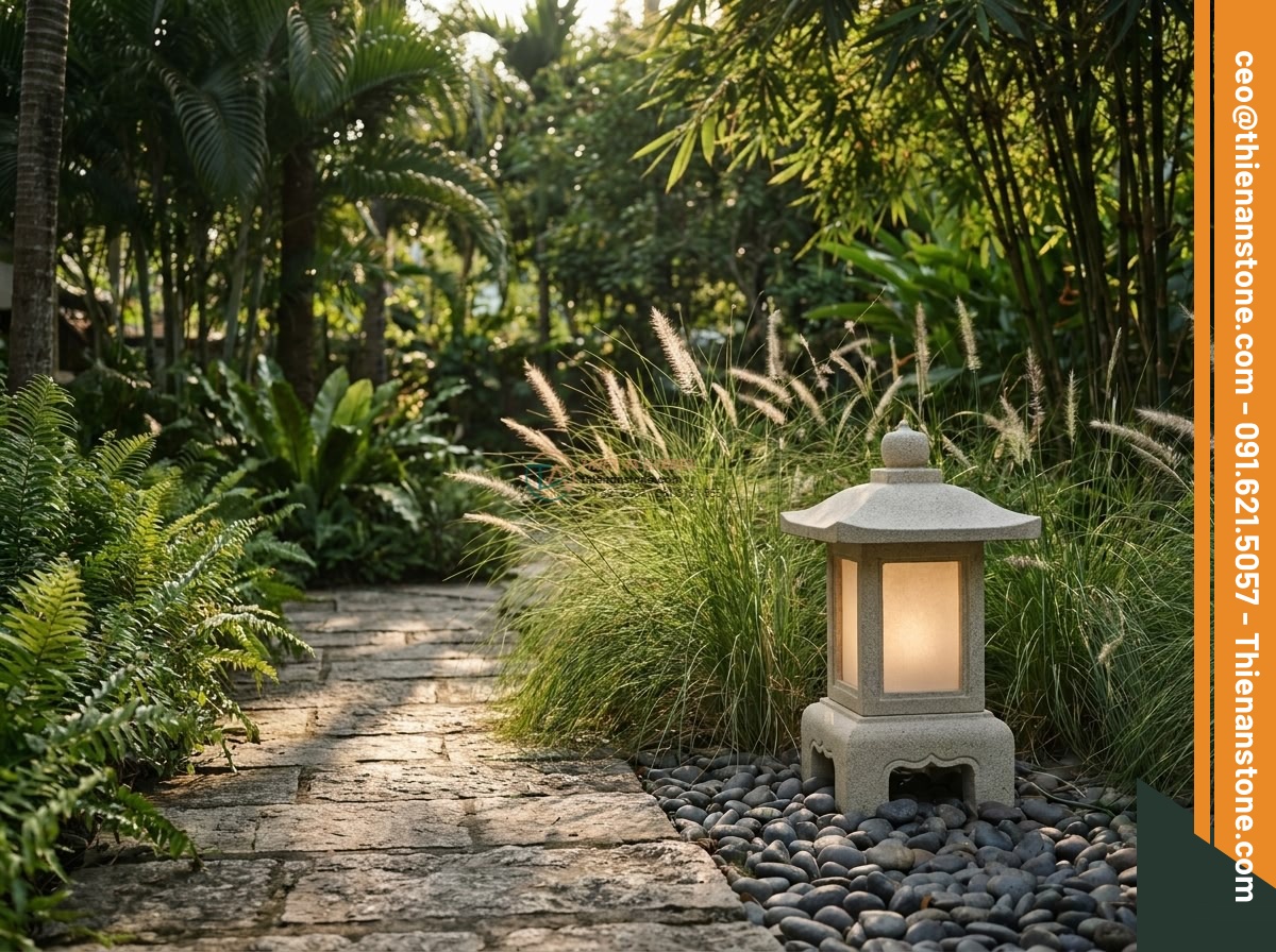 Đèn đá sa thạch Misaki nhỏ trang trí tiểu cảnh (25x25x30cm).