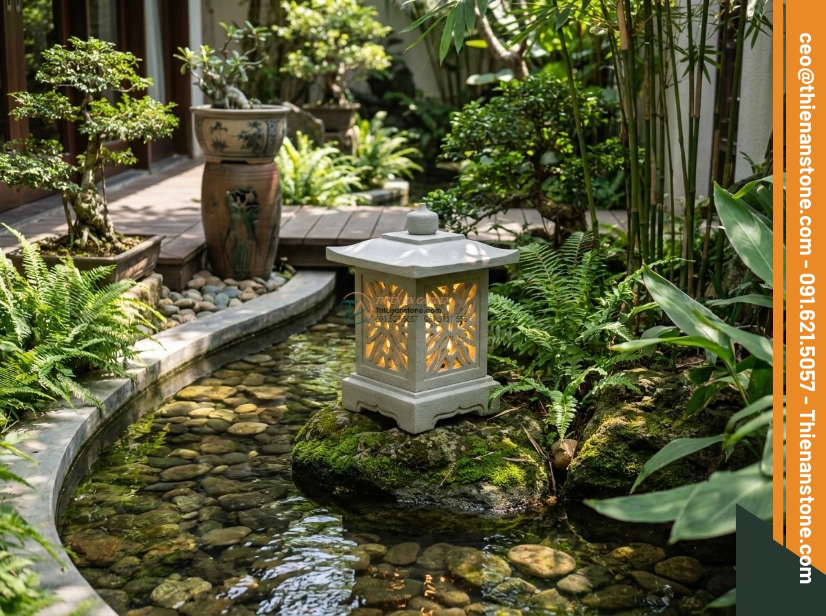 Đèn đá sa thạch Misaki nhỏ trang trí tiểu cảnh (25x25x30cm).