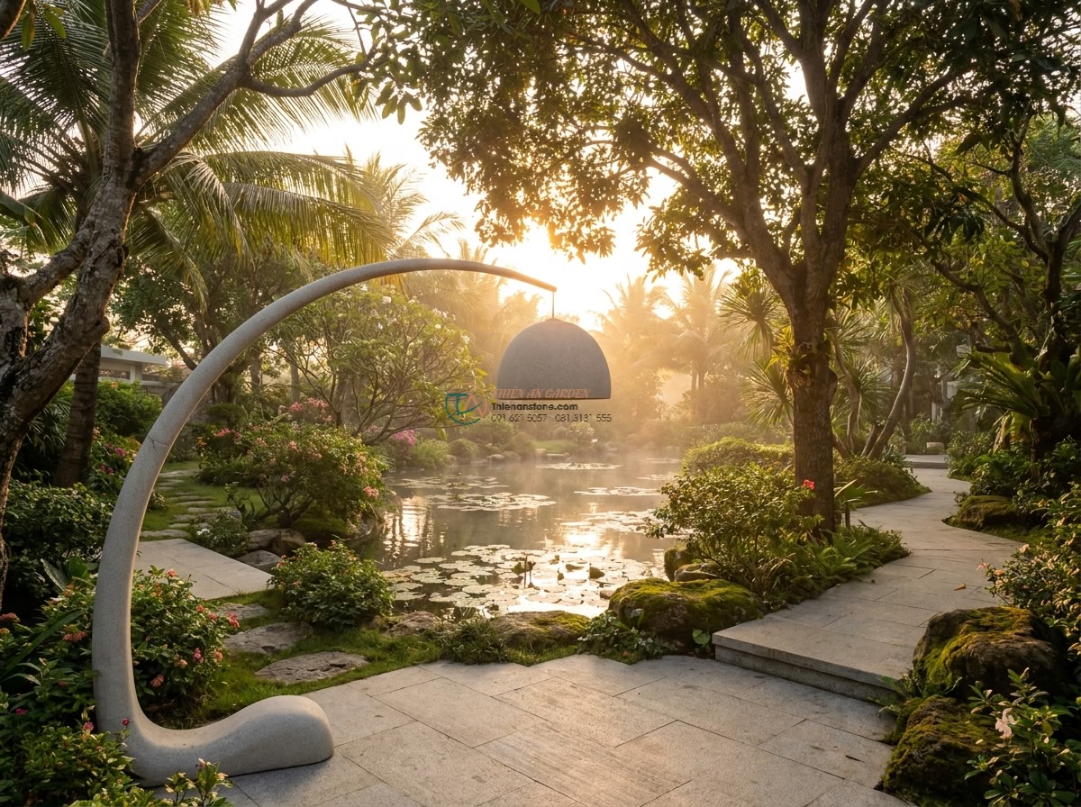 Đèn đá sa thạch Rankei dáng cong soi mặt nước cao 120cm. - Wide cinematic shot of a luxurious Vietnamese villa garden at golden sunrise, 12