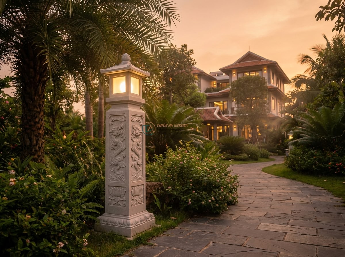 Đèn đá sa thạch trụ vuông phong cách cổ điển cao 130cm. - Hình 1 Đèn đá sa thạch trụ vuông phong cách cổ điển cao 130cm. - Wide cinematic view of a 130cm tall square classical sandstone pillar garden lam
