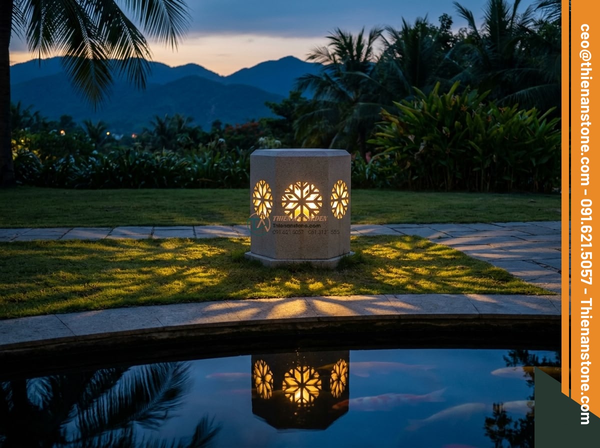Đèn đá sa thạch Tuyết Kiến lục giác tự nhiên (50x50x55cm).