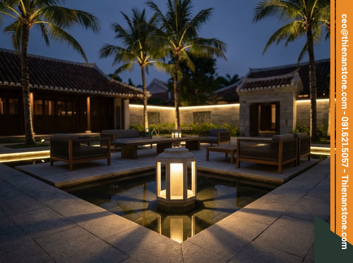 Đèn đá sa thạch Tuyết Kiến lục giác tự nhiên (50x50x55cm).