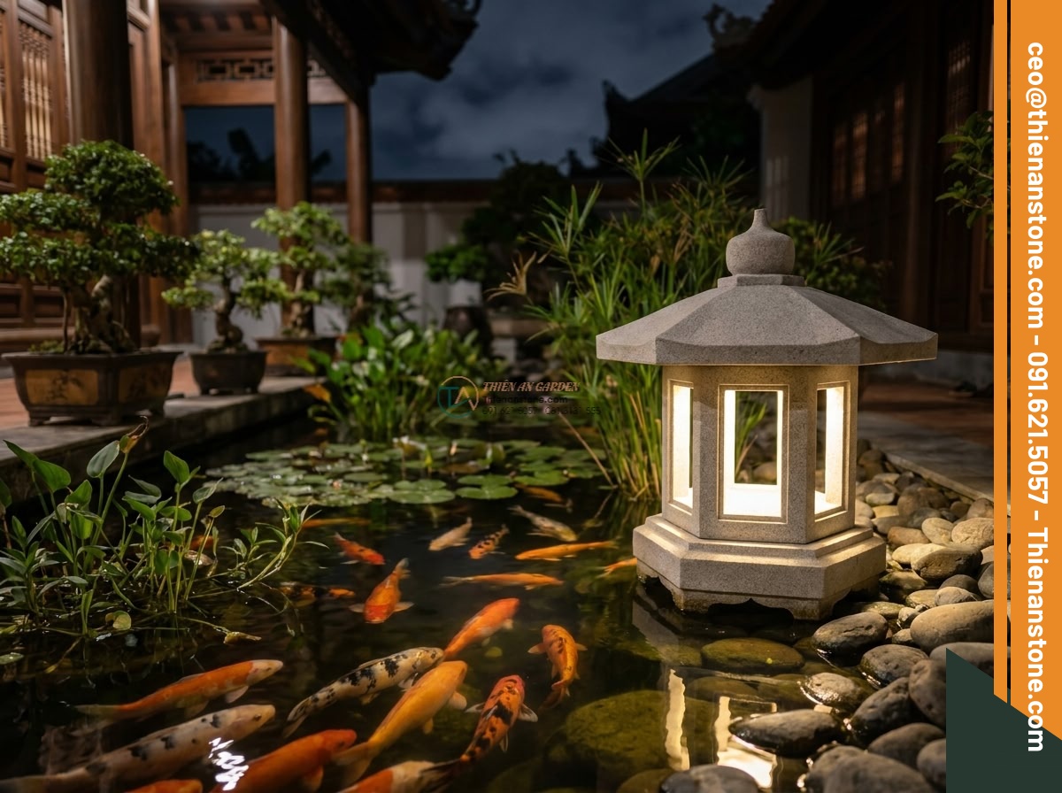 Đèn đá sa thạch Tuyết Kiến lục giác tự nhiên (50x50x55cm).