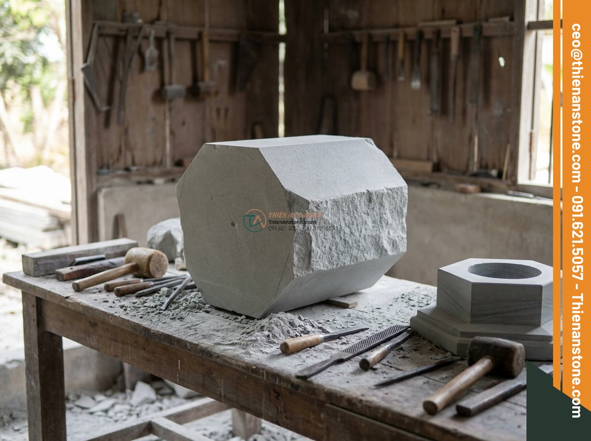 Đèn đá sa thạch Tuyết Kiến lục giác tự nhiên (50x50x55cm).
