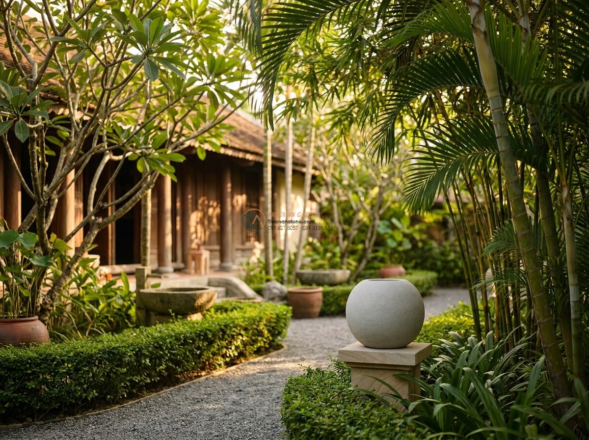 Đèn đá sa thạch Tuyết Kiến tròn trang trí mini (35x35x40cm). - Wide angle cinematic shot of a luxurious Vietnamese villa garden at golden hour,