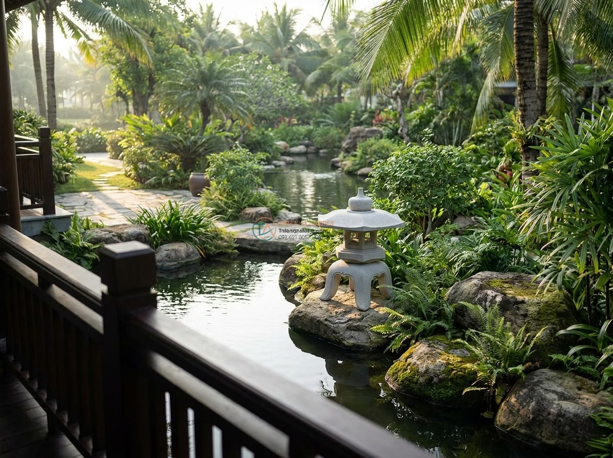 Đèn đá sa thạch Yukimi chân cuộn dáng cổ cho hồ Koi cao 45cm. - Distant view from the villa balcony overlooking the entire Koi pond area, elegan
