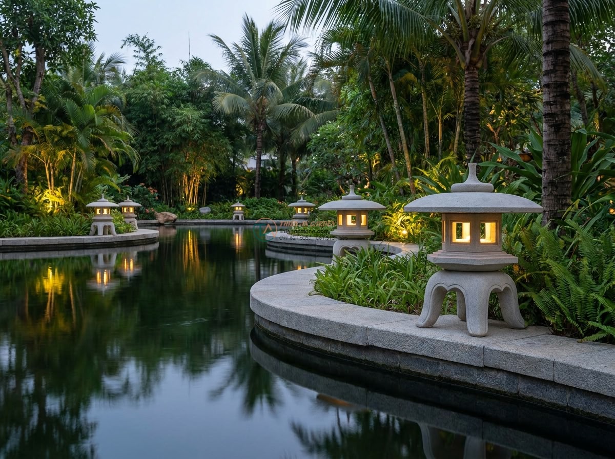 Đèn đá sa thạch Yukimi chân cuộn dáng cổ cho hồ Koi cao 45cm. - Realistic project photo of multiple 45cm Yukimi sandstone lanterns with curled l