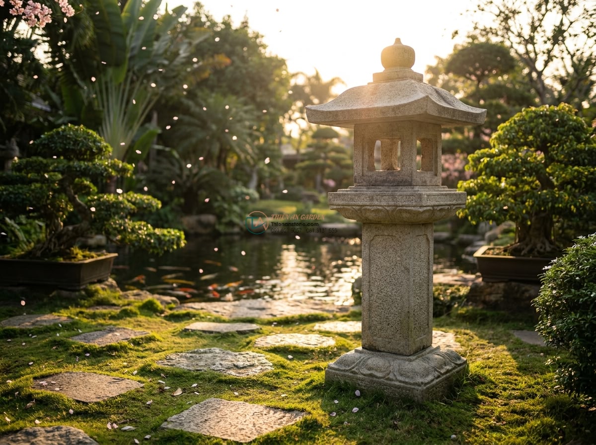 Đèn đá trụ vuông cung đình Nhật Bản làm từ đá Granite cao 130cm. - Photorealistic cinematic wide angle view of a 130cm tall square granite Japanese
