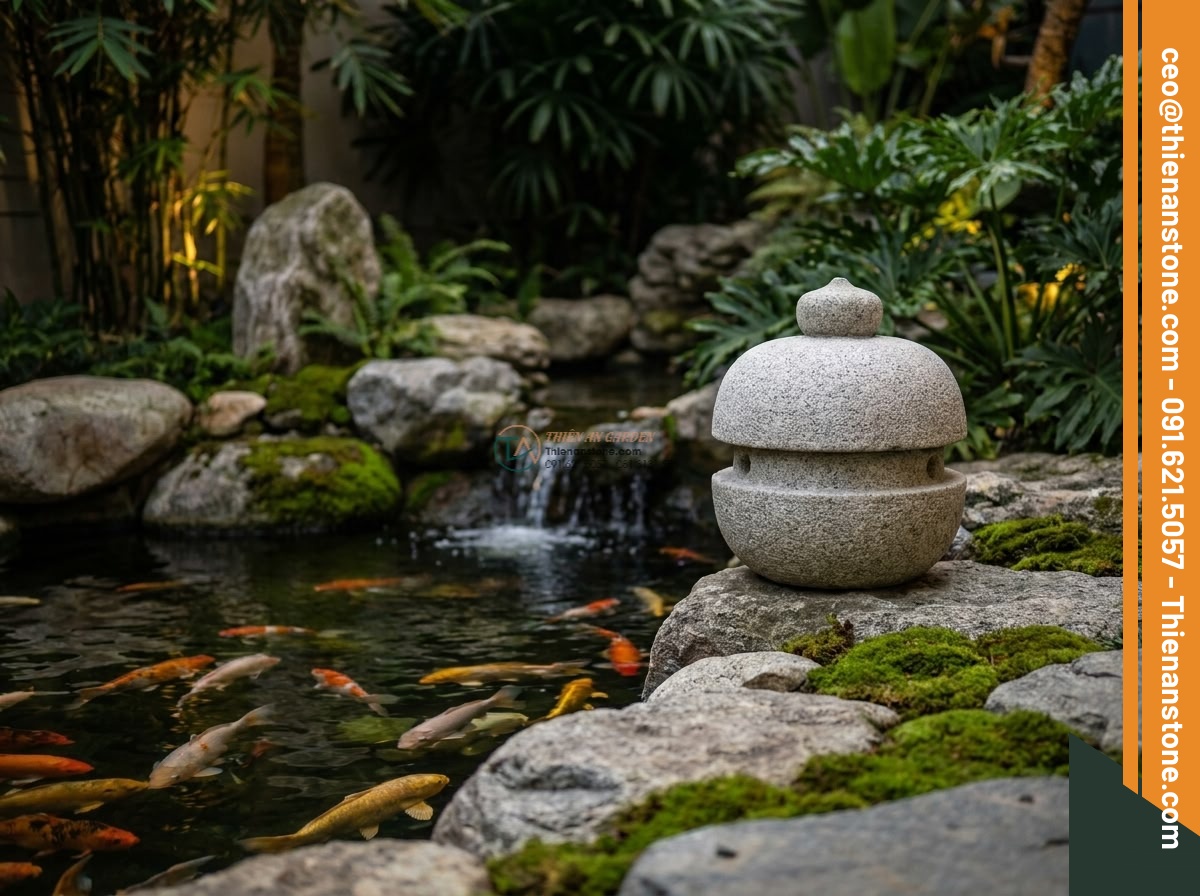 Đèn đá Tuyết Kiến tròn tiểu cảnh mini đá Granite (35x35x40cm).