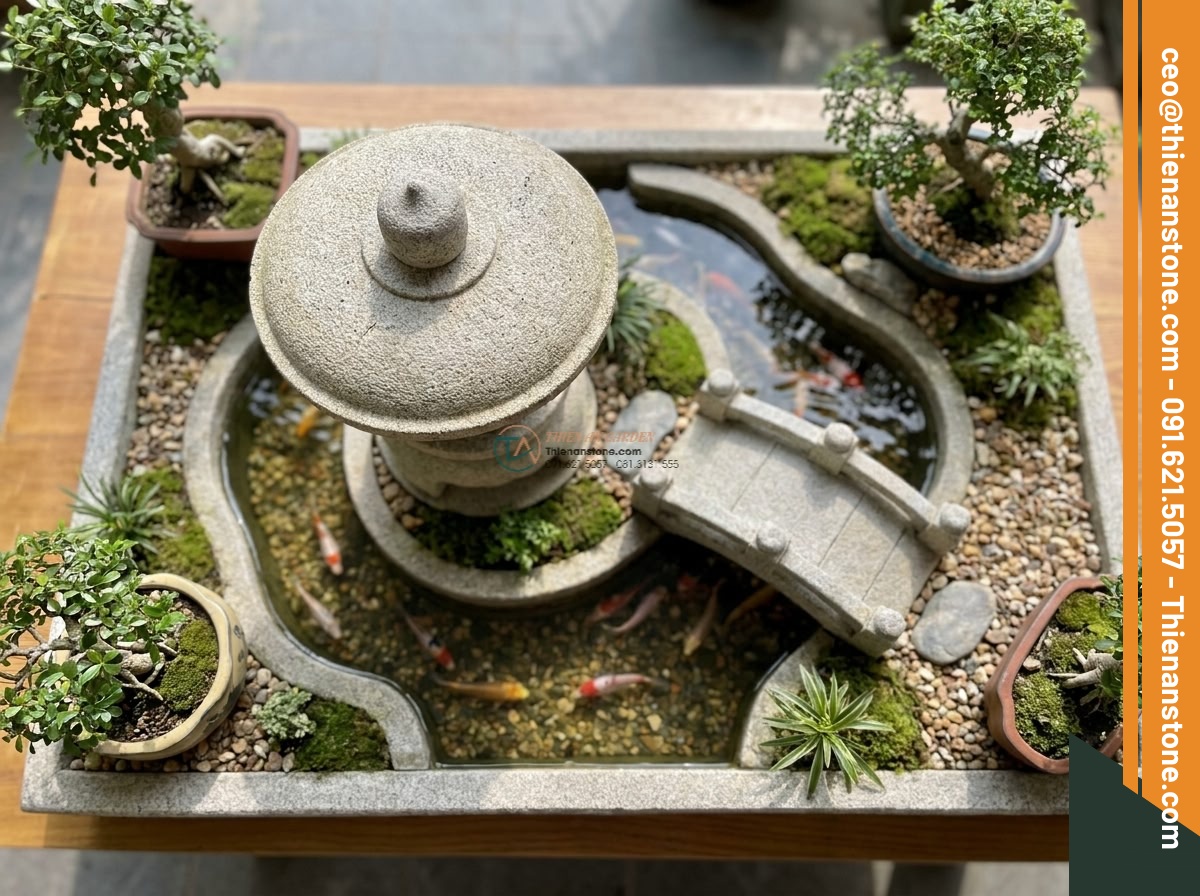 Đèn đá Tuyết Kiến tròn tiểu cảnh mini đá Granite (35x35x40cm).