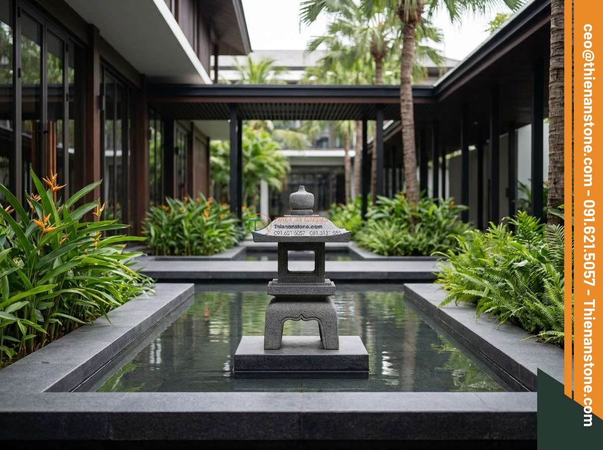 Đèn đá Tuyết Kiến tròn tiểu cảnh mini đá Granite (35x35x40cm).