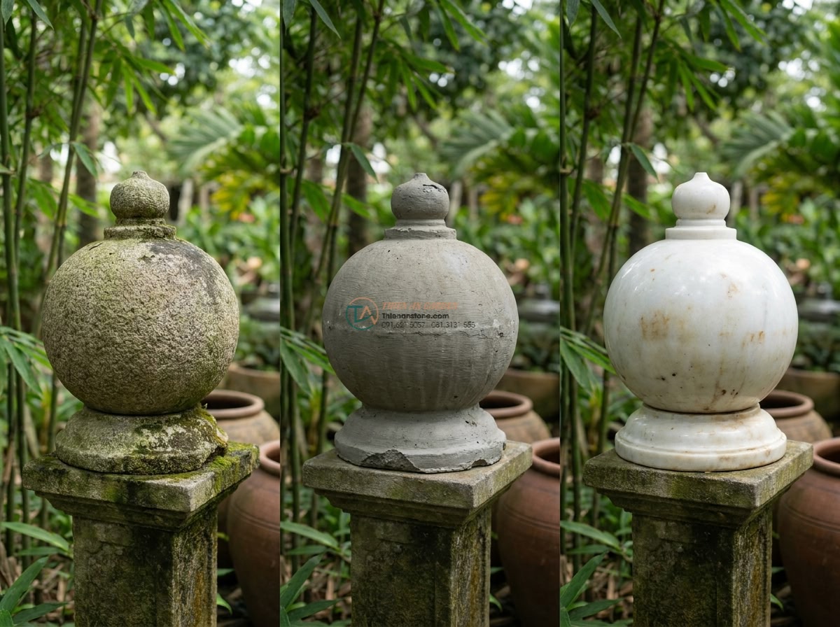 Đèn đá Tuyết Kiến tròn tiểu cảnh mini đá Granite (35x35x40cm). - Comparison split image showing the round granite lantern next to a concrete imit