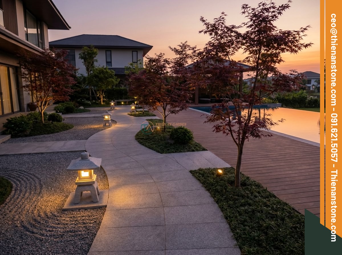 Đèn đá Yukimi-gata 4 chân phong cách Zen bằng đá Granite cao 40cm.
