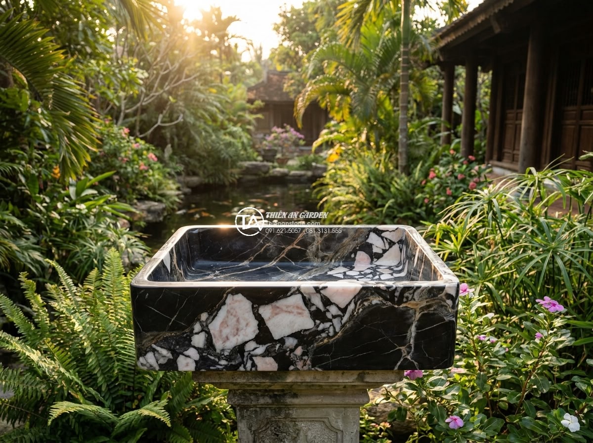 Lavabo đá da báo đỏ chữ nhật 42cm (420x350x140mm) - Wide cinematic establishing shot of a rectangular 42cm red leopard stone natural
