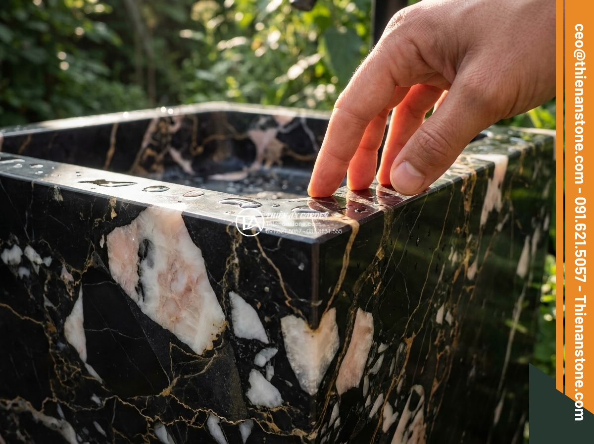 Lavabo đá da báo đỏ góc (400x400x150mm)