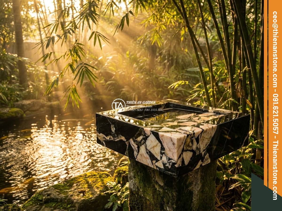 Lavabo đá da báo đỏ góc (400x400x150mm)