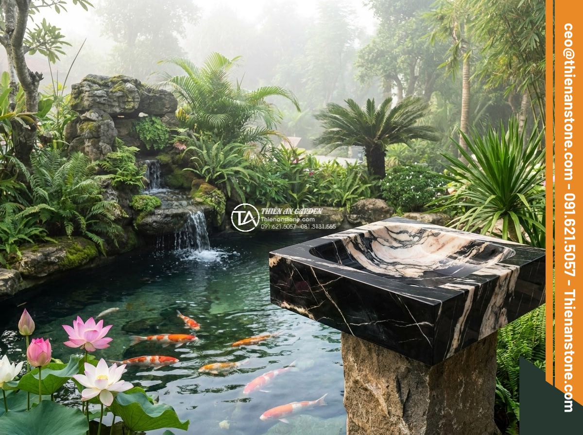 Lavabo đá da báo đỏ góc (400x400x150mm)