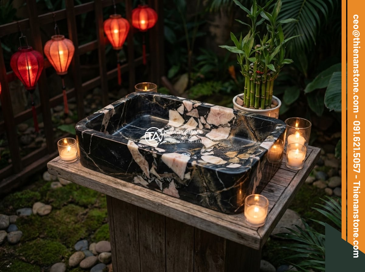 Lavabo đá da báo đỏ góc (400x400x150mm)