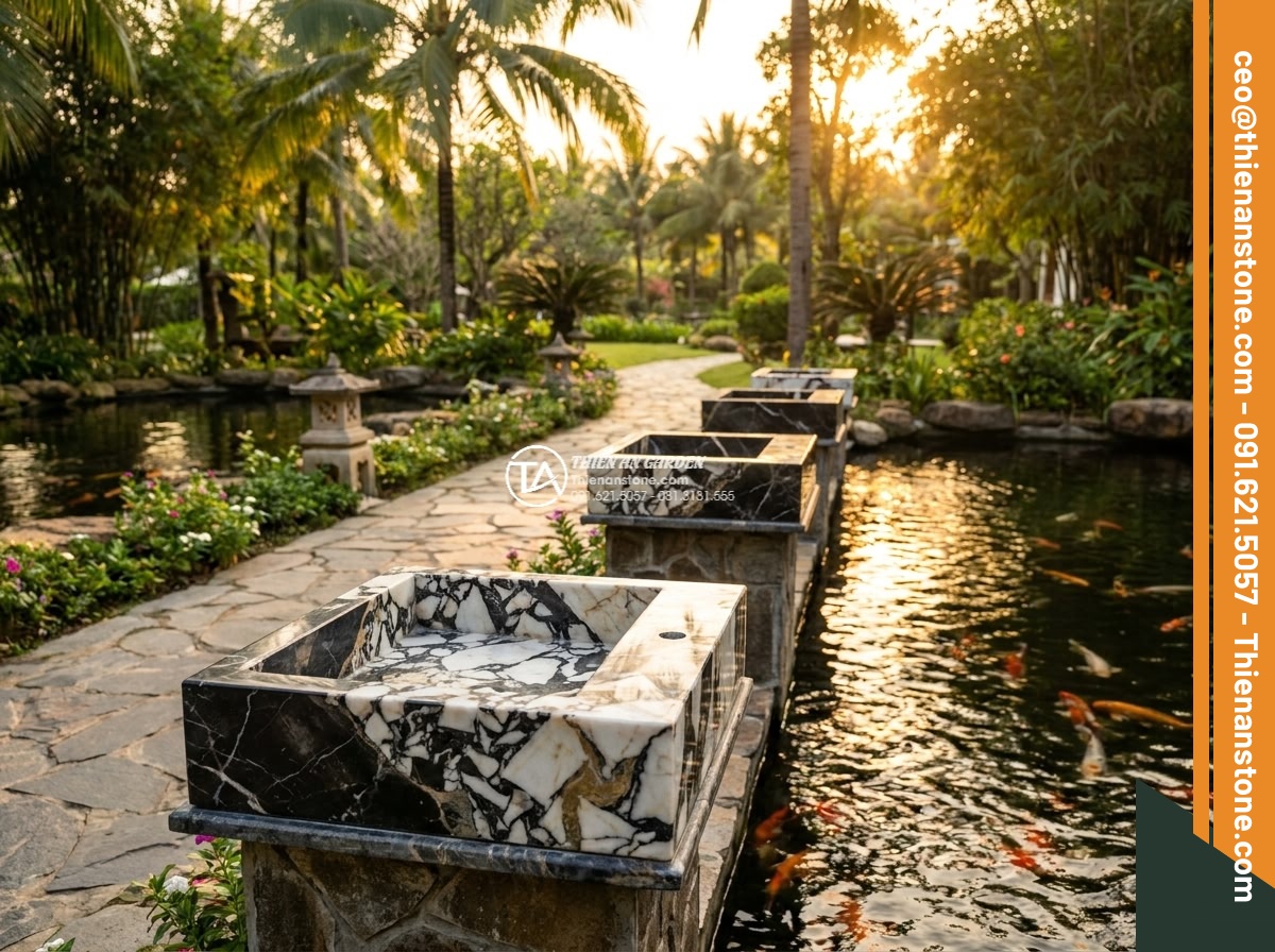 Lavabo đá da báo đỏ góc (400x400x150mm)