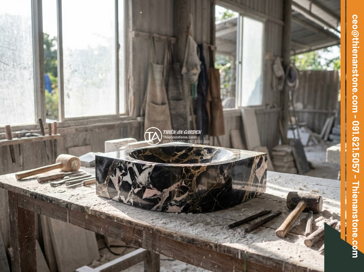 Lavabo đá da báo đỏ góc (400x400x150mm)