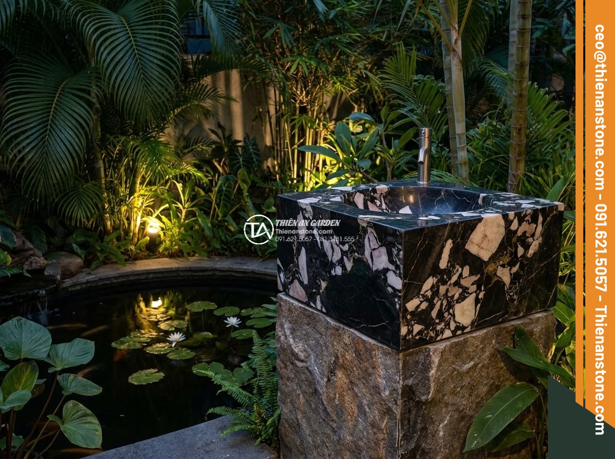 Lavabo đá da báo đỏ góc (400x400x150mm)