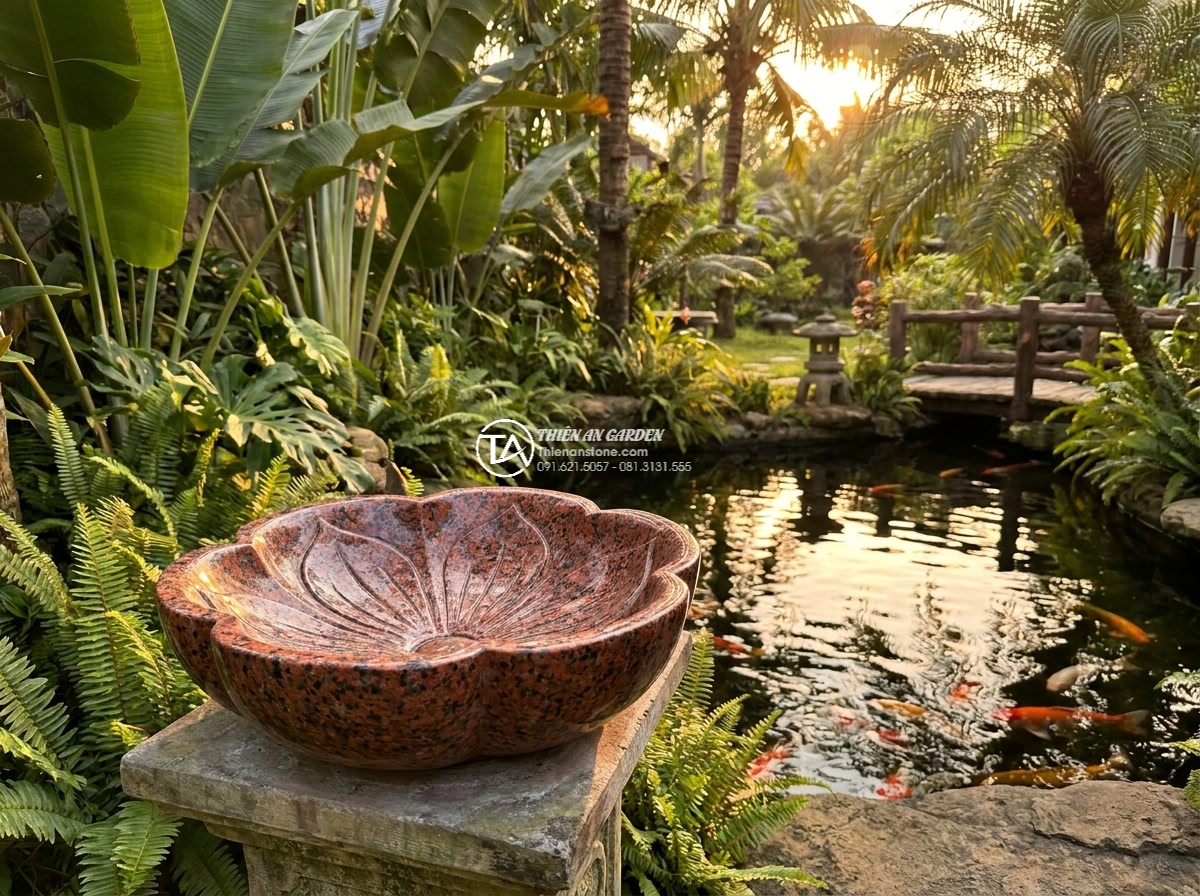 Lavabo đá da báo đỏ hình bông hoa (400x400x150mm) - Photorealistic wide shot of a red leopard skin granite flower-shaped lavabo sink