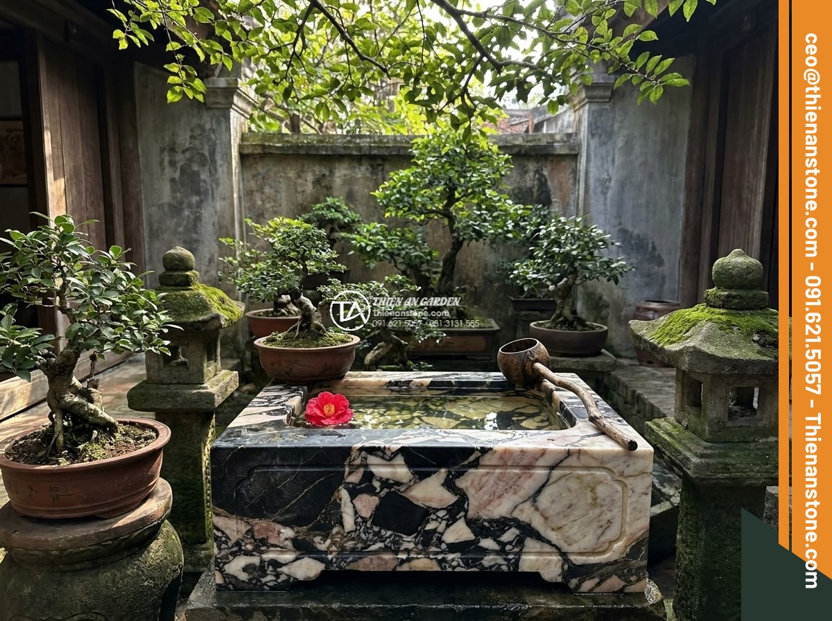 Lavabo đá da báo đỏ hình bông hoa (400x400x150mm)