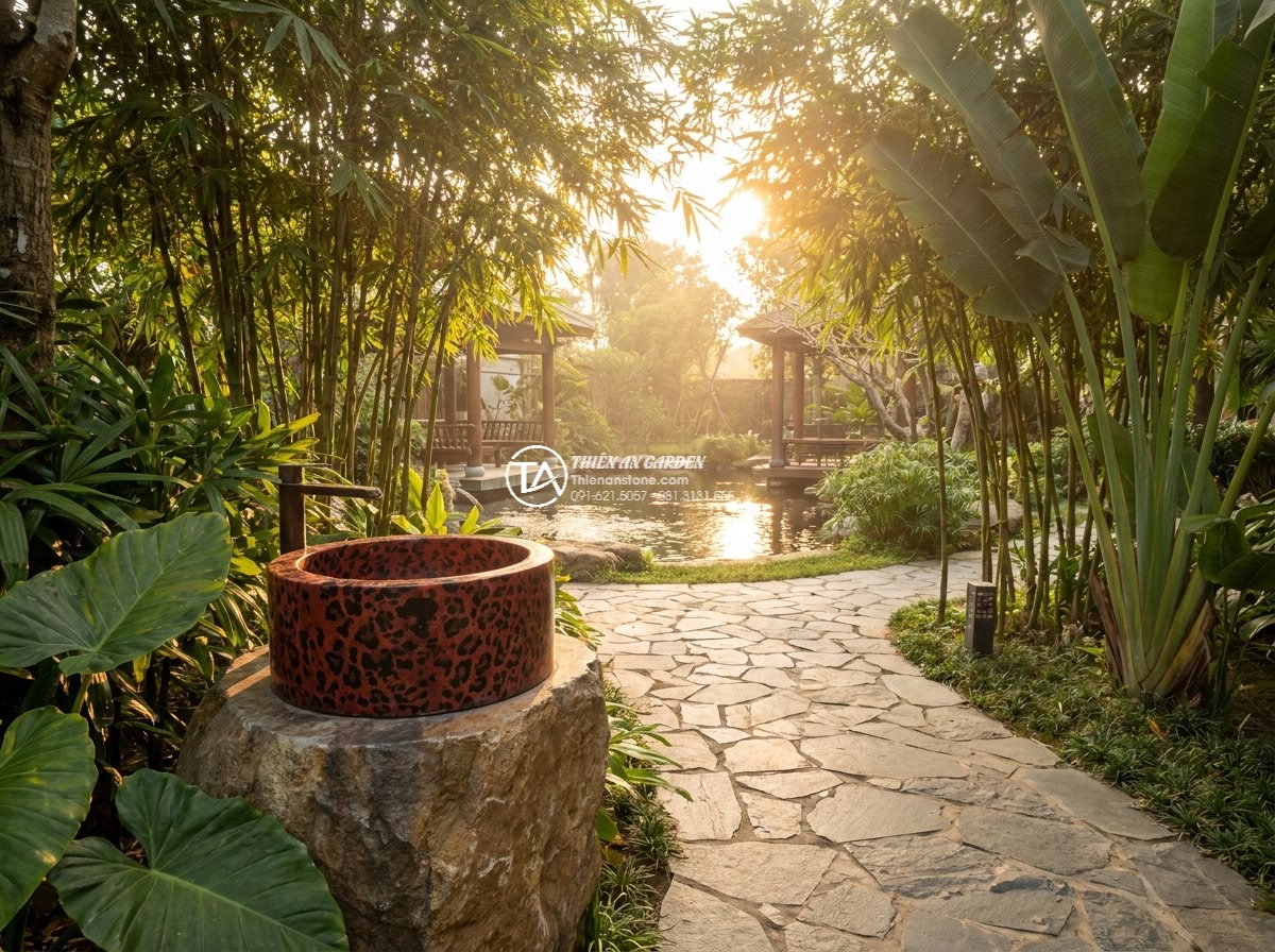 Lavabo đá da báo đỏ hình trụ nông cao 15cm (400x400x150mm) - Wide angle cinematic shot of a luxurious modern villa garden at golden hour, fea
