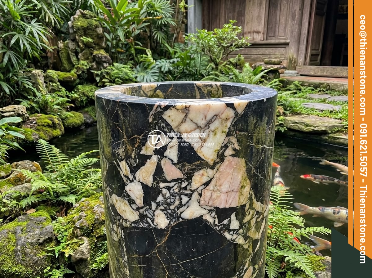 Lavabo đá da báo đỏ hình trụ nông cao 15cm (400x400x150mm)