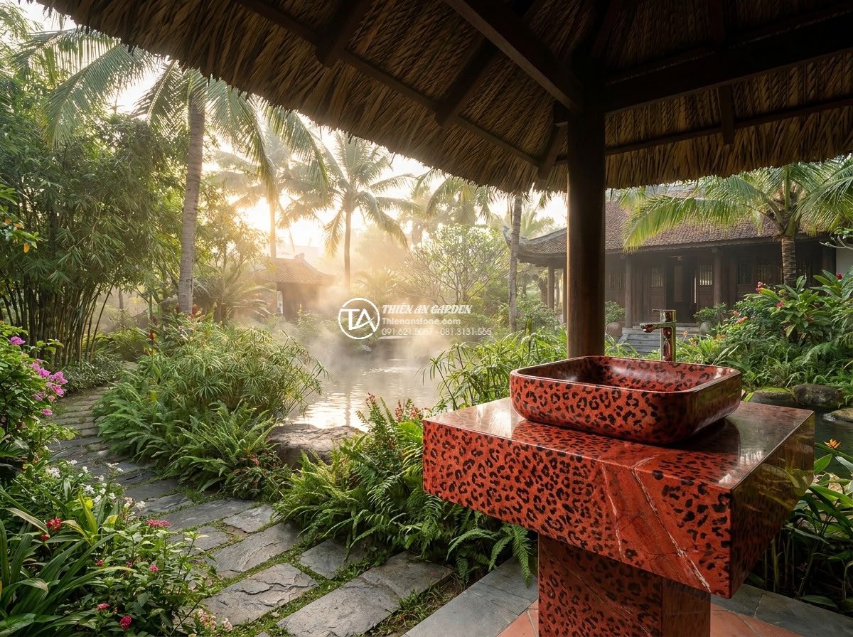 Lavabo đá da báo đỏ hình vuông bo cạnh 42cm (420x420x150mm) - Wide cinematic shot of a luxurious outdoor garden bathroom at dawn, featuring a