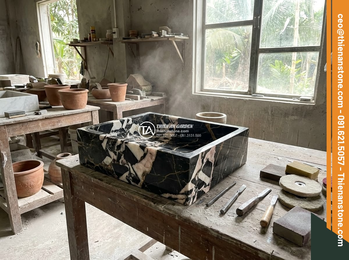 Lavabo đá da báo đỏ hình vuông bo cạnh 42cm (420x420x150mm)