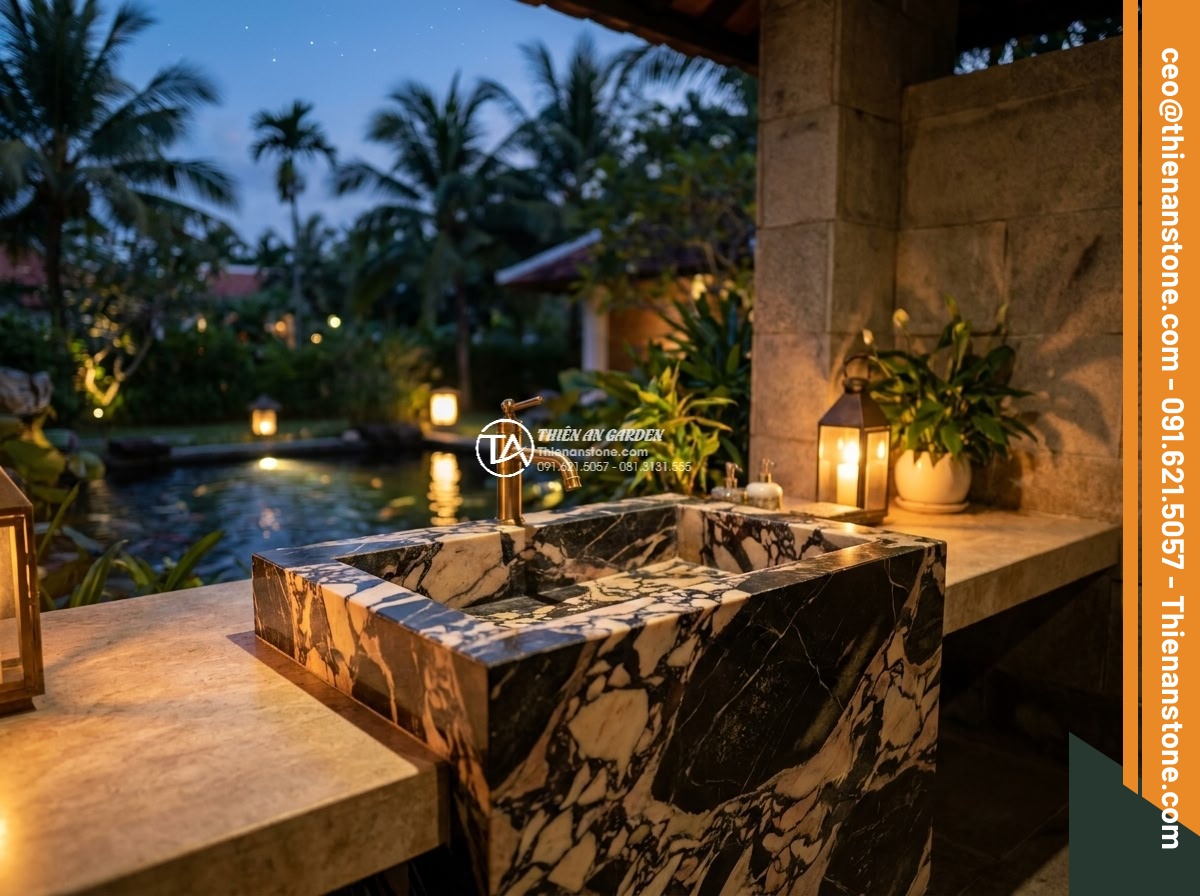 Lavabo đá da báo đỏ tròn phình 42cm (420x420x150mm) - Hình 11 Lavabo đá da báo đỏ tròn phình 42cm (420x420x150mm) - Stunning evening scene of the red leopard stone lavabo installed in a luxury vil