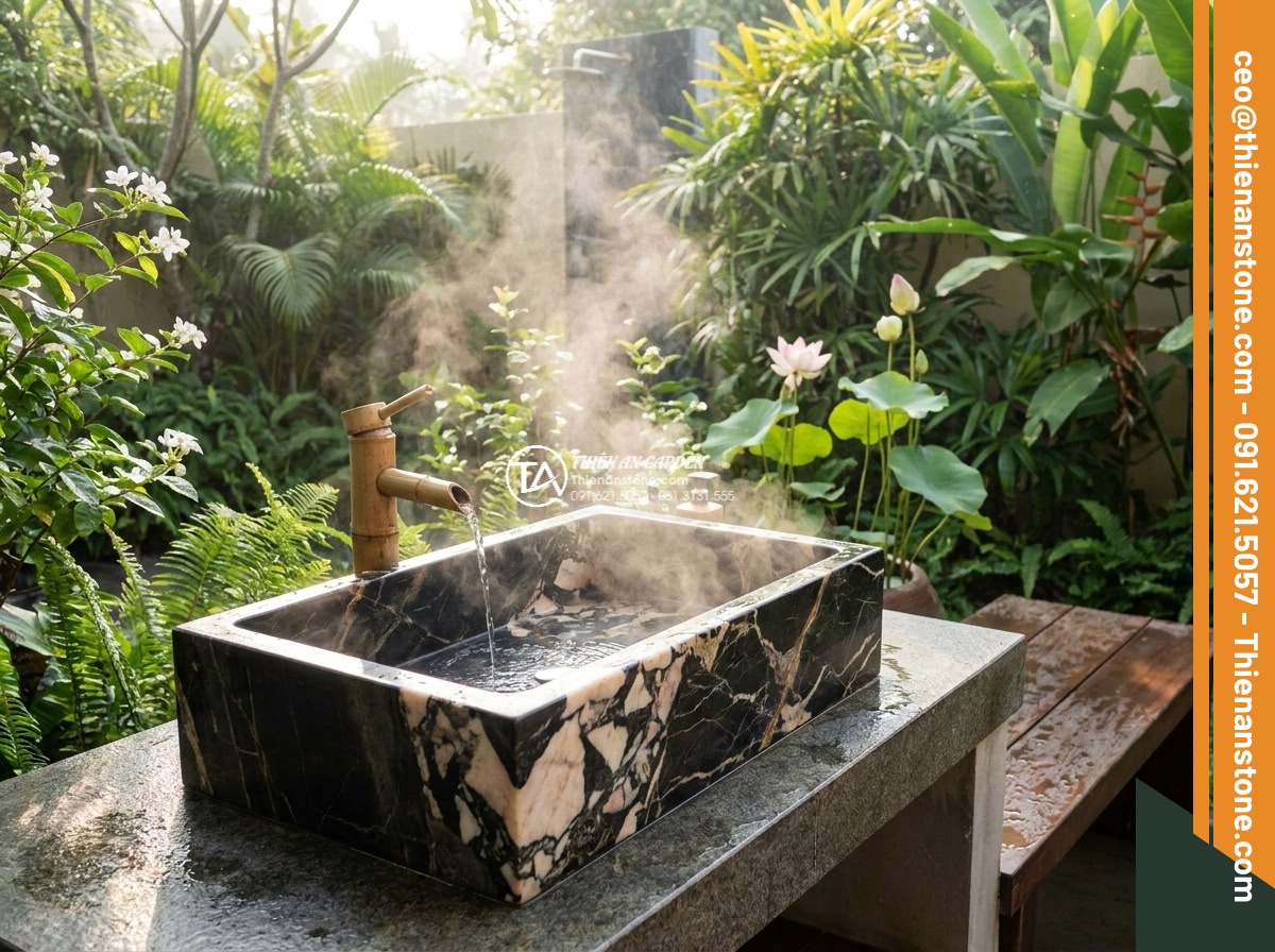 Lavabo đá da báo đỏ tròn phình 42cm (420x420x150mm) - Hình 15 Lavabo đá da báo đỏ tròn phình 42cm (420x420x150mm) - Serene morning scene with the red leopard stone lavabo in a sunlit garden bathro